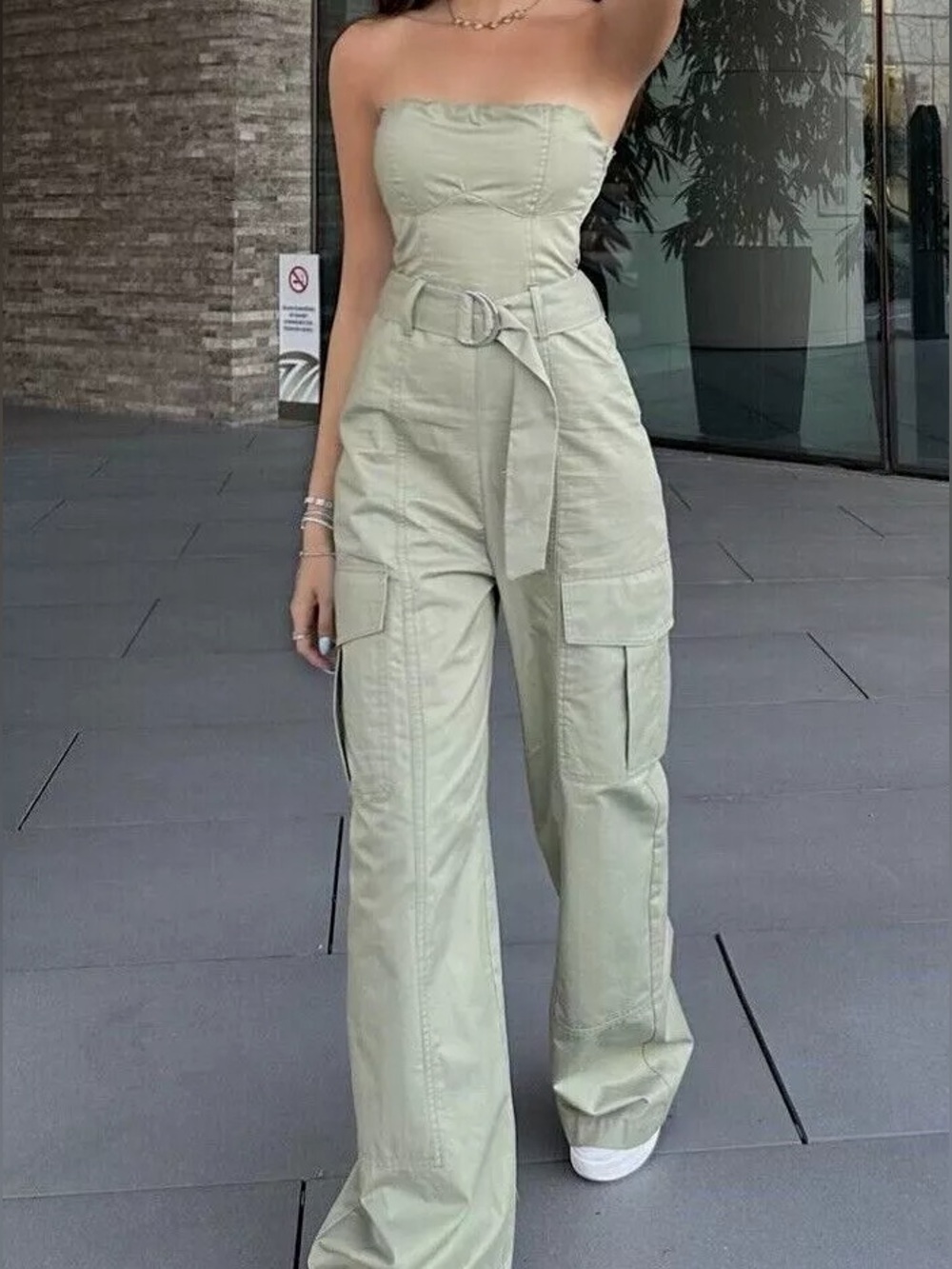 Zara Strapless Belted Cargo Jumpsuit Size Medium